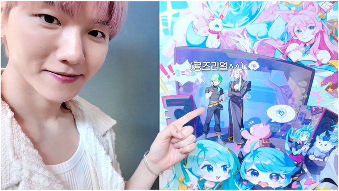 A split image showing a young man with pink hair smiling on the left and pointing at an anime-style merchandise poster featuring characters with the Korean text '응프러임' on the right.