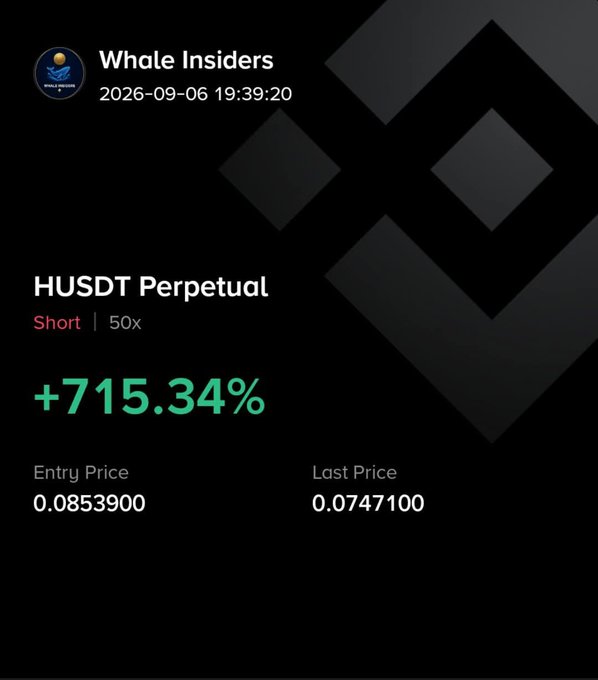 A trading performance screenshot from 'Whale Insiders' dated 2026-09-06 19:39:20, displaying a HUSDT Perpetual Short position at 50x leverage with a gain of +715.34%, showing an entry price of 0.0853900 and a last price of 0.0747100.