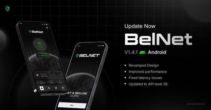 Promotional image for 'BelNet' V1.4.1 Android update, highlighting 'Revamped Design', 'Improved performance', 'Fixed latency issues', and 'Updated to API level 36'.