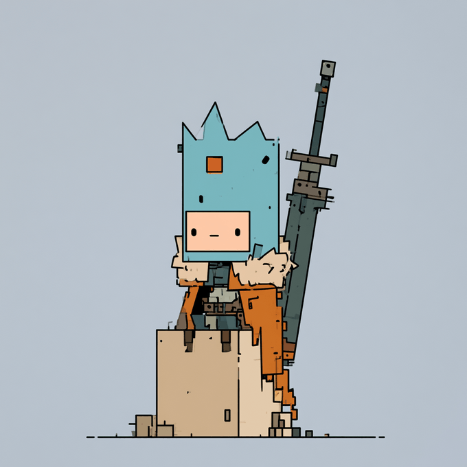 A pixel-art illustration of a character with a blue blocky head, an orange scarf, and a large rifle slung over its shoulder, sitting on a block against a light blue background.
