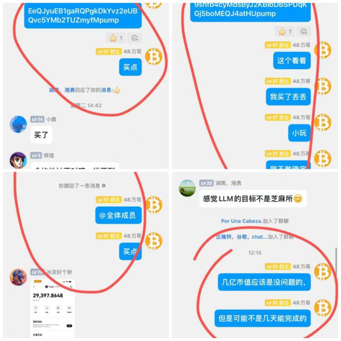 A collage of Chinese chat messages showing users labeled as '48万哥' with bitcoin icons repeatedly saying '买点' (buy some), with messages like '我买了丢丢' (I bought a little), '小玩' (small play), and '几亿市值应该是没问题的，但是可能不是几天能完成的' (a few hundred million market cap should be no problem, but it might not be done in a few days), with red circles highlighting the buy messages.