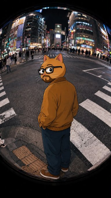 An animated anthropomorphic orange cat wearing glasses, a mustard jacket, and jeans on a city crosswalk at night.