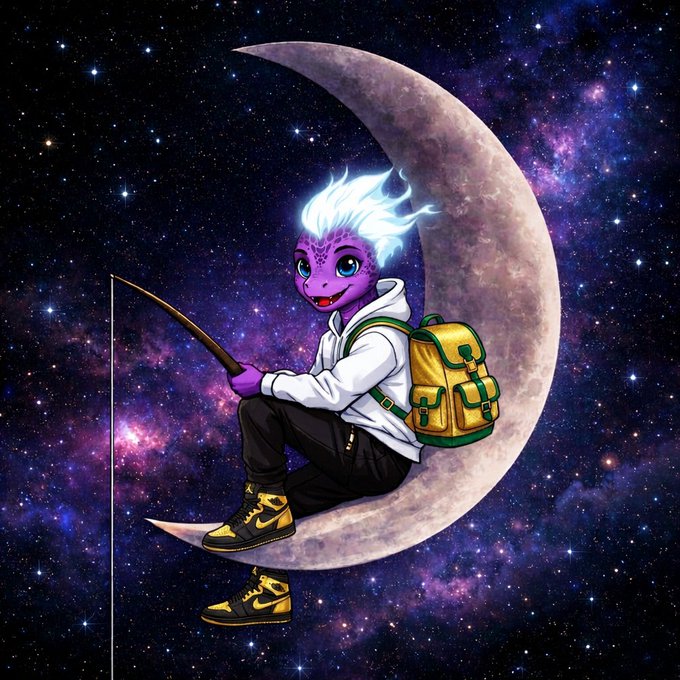 A purple-skinned, white-haired cartoon character in a hoodie and yellow backpack sits on a crescent moon against a starry galaxy background, holding a fishing rod and wearing Nike high-top sneakers. The whimsical nighttime scene ties in with the "goodnight" message, complementing the NFT drop promo for 999BVERS on Gravemint.