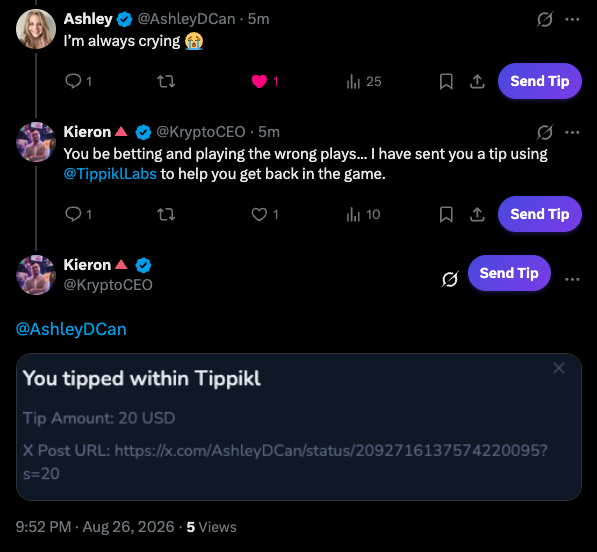 A social media thread between Ashley (@AshleyDCan) and Kieron (@KryptoCEO) involving a $20 USD tip sent via Tippikl Labs, dated Aug 26, 2026.