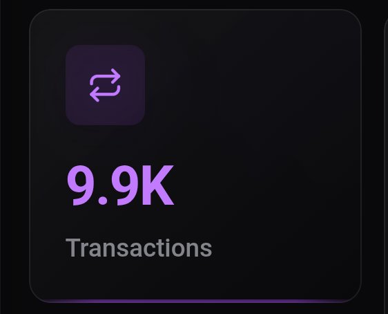 A dark dashboard card displays a purple exchange/transfer icon with the statistic "9.9K Transactions," highlighting that the newly launched BESC Exchange is just shy of reaching 10,000 transactions.