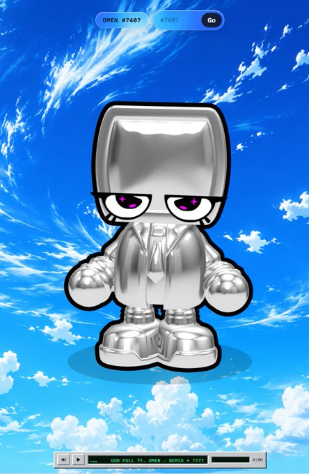 A 3D render of a chrome, boxy robot character with purple eyes, standing against a blue sky with clouds, featuring 'OREN #7407' in a search bar at the top and a player interface at the bottom.