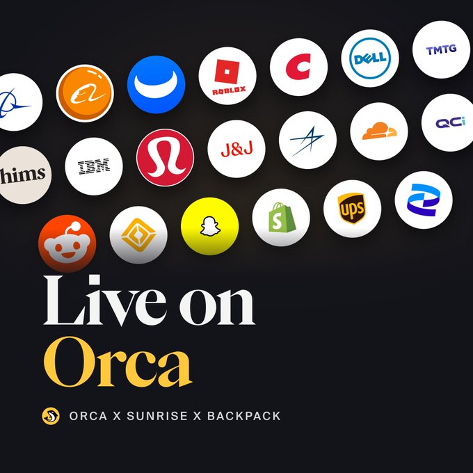 A promotional graphic titled 'Live on Orca' with 'ORCA X SUNRISE X BACKPACK' below, displaying various company logos including Disney, IBM, Lululemon, Snapchat, Shopify, UPS, Roblox, Dell, and others.