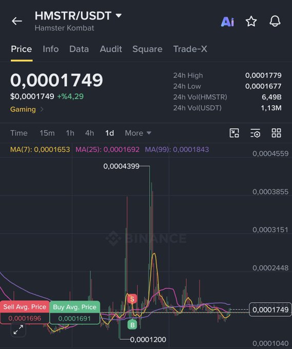 A Binance trading chart showing the HMSTR/USDT (Hamster Kombat) trading pair priced at 0.0001749 USDT, up 4.29%, with a 1-day candlestick chart displaying price movements.
