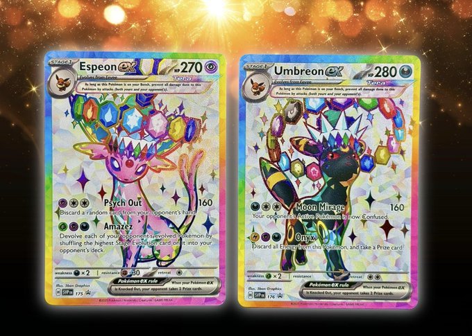 Two holographic Pokémon trading cards, Espeon ex and Umbreon ex from the Prismatic Evolutions set, displayed against a sparkling golden background.