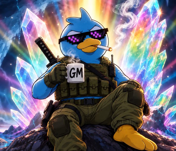 A digital illustration of a blue bird character wearing pixelated sunglasses, tactical gear, and holding a mug labeled 'GM' while smoking a cigarette, set against a colorful crystal background.
