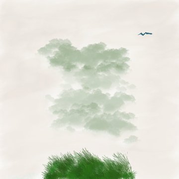 The image features a painting of a sky with clouds, where the clouds are depicted as green and white. A bird can be seen flying above the clouds, adding life to the scene. The background consists of grassy areas that extend into the distance. The image is accompanied by a caption that reads "Massive Sweep! 3 skulls and 2 frogs if you can add that up. (iykyk) Primary and Secondary Objkt Cowpoke Sweep by... ANON wallet Thank you Anon. Reach out if you like!".