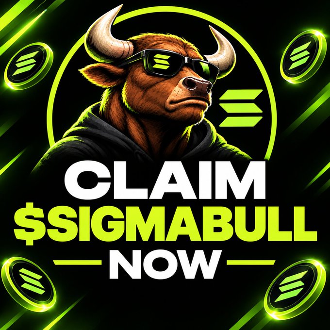 A promotional graphic features a stylized bull wearing green sunglasses alongside the text 'CLAIM $SIGMABULL NOW' surrounded by glowing green coin graphics.