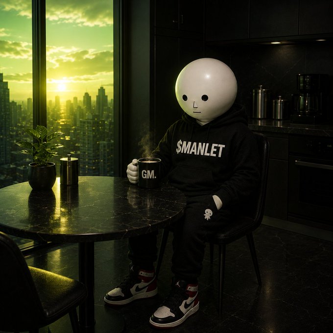 A figure with a large, smooth white spherical head and simple dot eyes sits at a round table in a high-rise apartment holding a black 'GM' mug, wearing a black 'SMANLET' hoodie and Air Jordan 1 sneakers, with a sunset city view behind them.