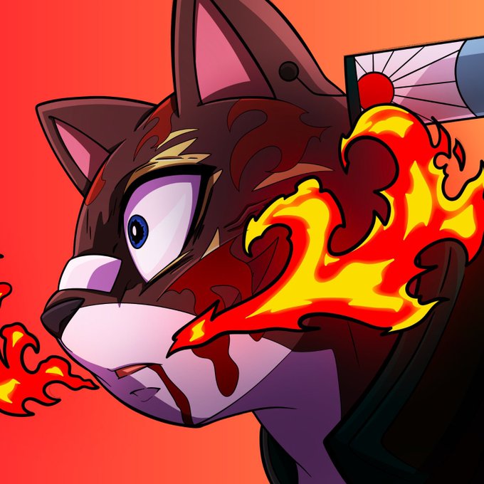 An anime-style illustration of a fierce-looking dark cat character with flames coming from its mouth against an orange background.