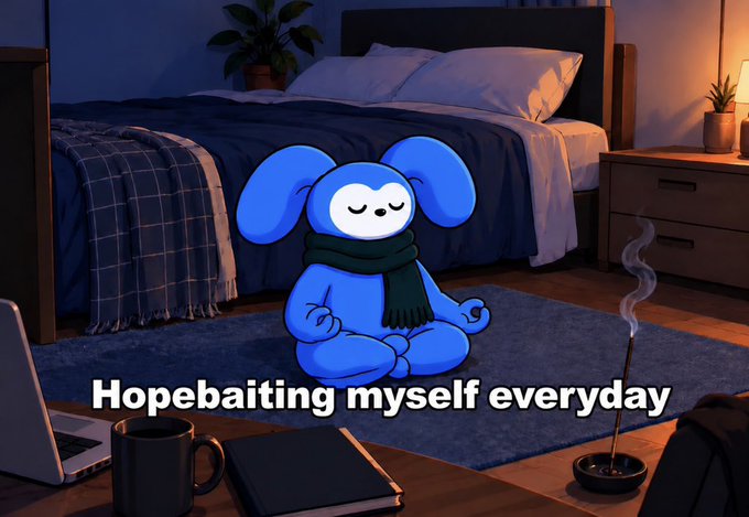 A digital illustration of a blue cartoon creature meditating in a lotus pose on a bedroom floor, captioned 'Hopebaiting myself everyday'.