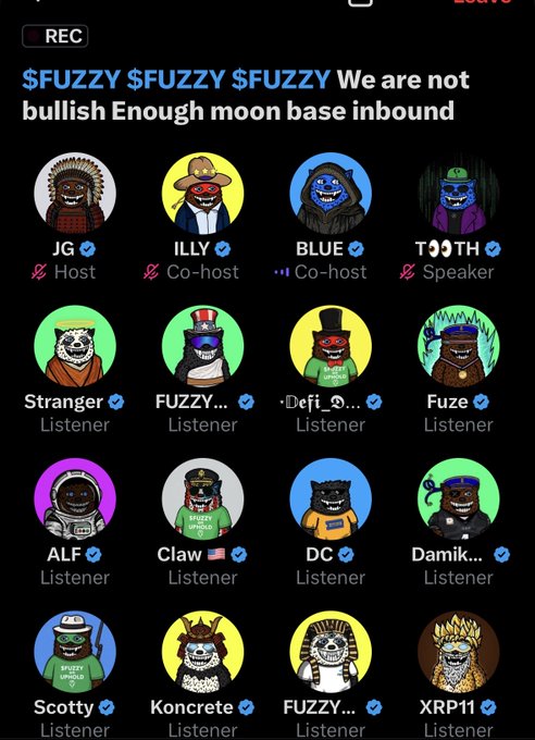 A Twitter Space hosted by JG featuring "FUZZY" as the title with the caption "$FUZZY $FUZZY $FUZZY We are not bullish Enough moon base inbound," showing participants like ILLY, BLUE, TOOTH, Stranger, FUZZY, Defi, and others in their fuzzy bear avatars.