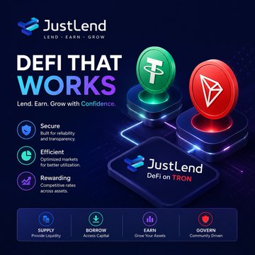 The image is a promotional graphic for JustLend DAO, a DeFi platform on the TRON network, featuring the tagline "DeFi That Works" along with key features ("Secure," "Efficient," "Rewarding") and function icons (Supply, Borrow, Earn, Govern). It visually aligns with the post by highlighting JustLend's role as a unified DeFi hub on TRON, where users can lend, earn, and utilize assets like Tether (USDT) and TRON (TRX)—represented by the prominent coin icons—with confidence.