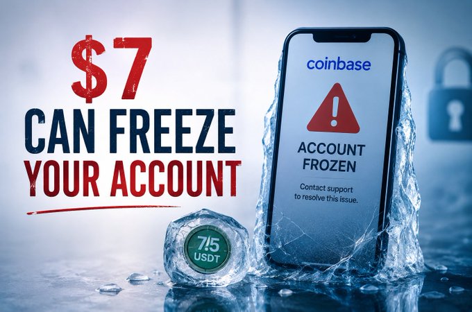 The image depicts a smartphone encased in ice displaying a Coinbase "Account Frozen" warning, alongside text reading "$7 CAN FREEZE YOUR ACCOUNT" and an ice cube marked "7.5 USDT," visually illustrating the post's claim that a tiny unsolicited USDT dust deposit (7.5 USDT) can lead to Coinbase flagging and potentially closing a trader's account.