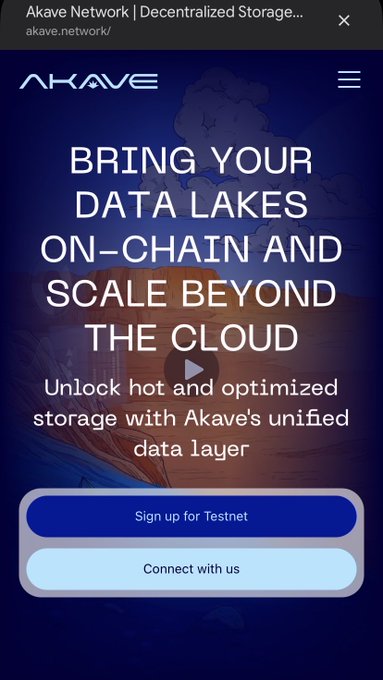 A mobile screenshot of the Akave Network website, promoting 'Decentralized Storage' with the tagline 'Bring your data lakes on-chain and scale beyond the cloud.'