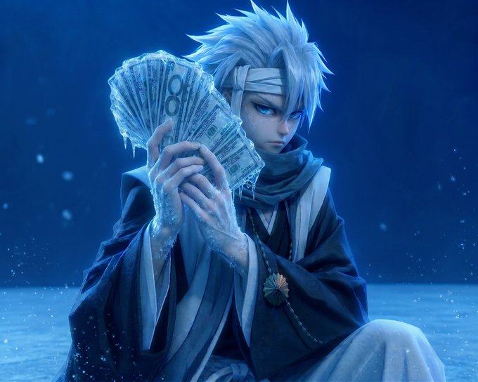 An anime character with white hair and a headband holds up a fan of frost-covered US $100 bills, matching the giveaway theme where participants must deposit SOL to win. The icy, frozen aesthetic of the money visually reinforces the "0.5 SOL GIVEAWAY" promotion from @zenkaixbt.