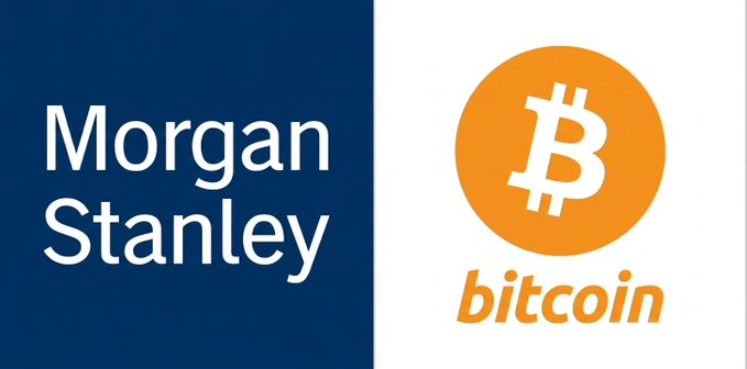 A split graphic with 'Morgan Stanley' written in white on a dark blue background on the left, and the orange Bitcoin logo with the text 'bitcoin' on a white background on the right.