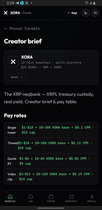 A screenshot from the XORA app showing a Creator Brief for the XRP neobank—XRPL treasury custody project, displaying pay rates ranging from $1-$19 base plus CPM rates for Single tweets, Threads, Quotes, and Video content (with bases of 10-120 XORA), which directly illustrates the post's explanation of how creators can earn rewards for Web3 content through XORA's bounty system.