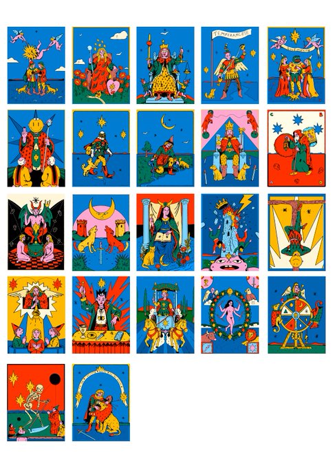 A grid of 22 vibrant, illustrated tarot-style cards featuring colorful figures, celestial symbols, and mythological imagery in a bold blue, red, and yellow palette, with one card displaying the text "L'AMOUREUX." The image showcases the full collection of unique 1/1 NFTs from the "Come Find Your Future" blind mint by SuburbsGallery, where buyers will randomly discover which tarot-inspired card chose them.