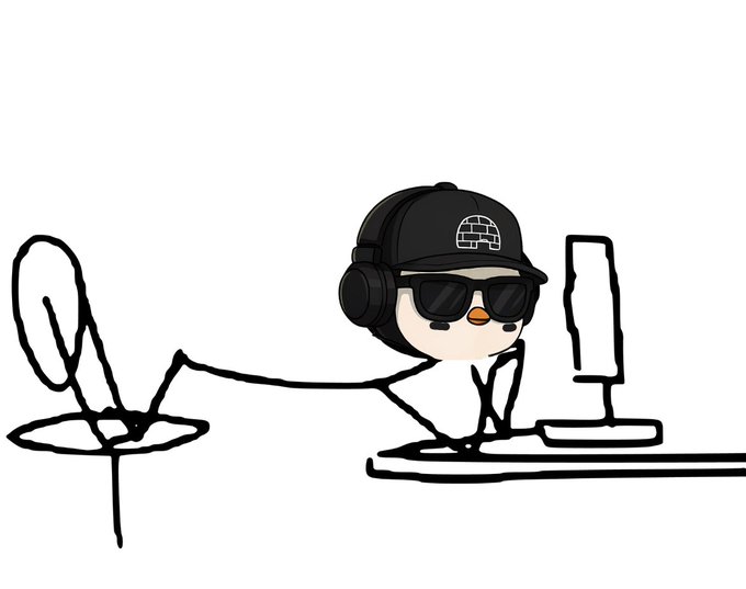 A simple line-drawn cartoon of a penguin wearing a black cap with a brick pattern, sunglasses, and headphones, holding an empty frying pan in one wing while standing at a computer desk.