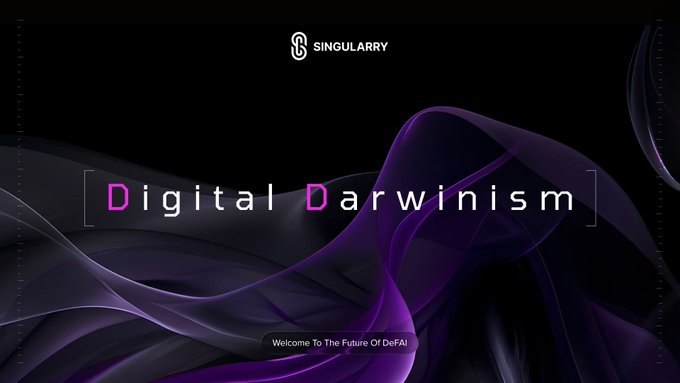 A sleek, dark-themed promotional graphic featuring the "SINGULARITY" logo at the top, with the bold text "Digital Darwinism" and the tagline "Welcome To The Future Of DeFi!" overlaid on flowing purple and black abstract waves. The futuristic aesthetic and "Digital Darwinism" headline directly reinforce the post's message about survival-of-the-fittest dynamics shaping the evolution of DeFi strategies.