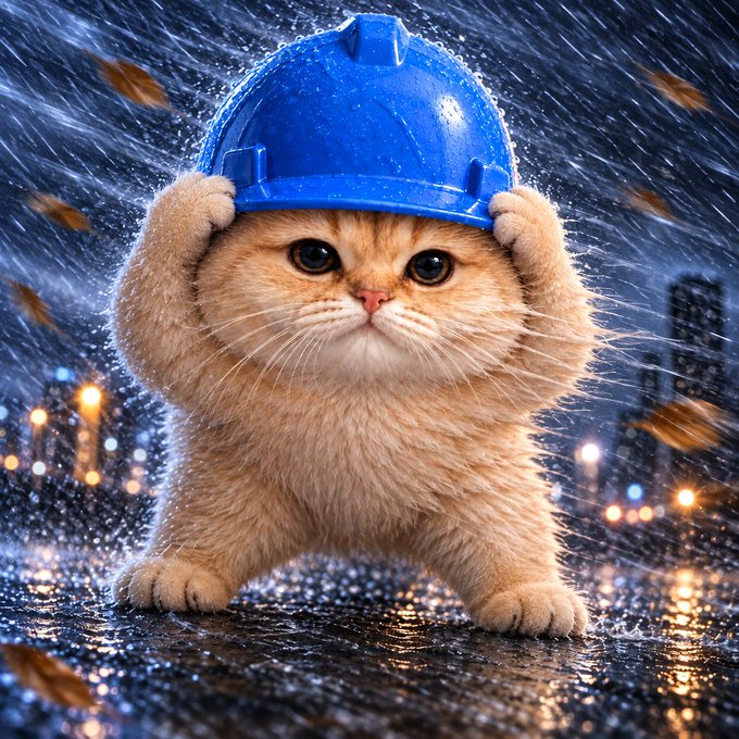 A determined-looking orange kitten braces against a heavy downpour, holding a blue construction helmet down on its head with both paws while standing on a rain-slicked city street at night, embodying the post's message "THE HELMET STAYS ON." despite the relentless storm and flying leaves swirling around it.
