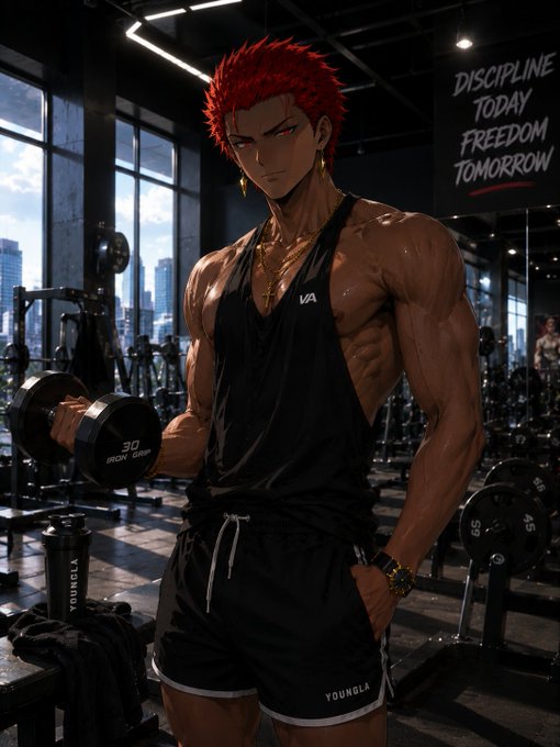 An anime-style illustration of a muscular man with red hair lifting a 30-pound Iron Grip dumbbell in a gym, with a 'Discipline Today Freedom Tomorrow' sign in the background.