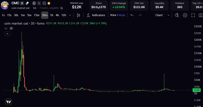 A 30-minute candlestick chart from CoinMarketCap showing FOMO coin, with a market cap of $12K, 24-hour change of +16.94%, and a price spike near $230K before settling at $12K.
