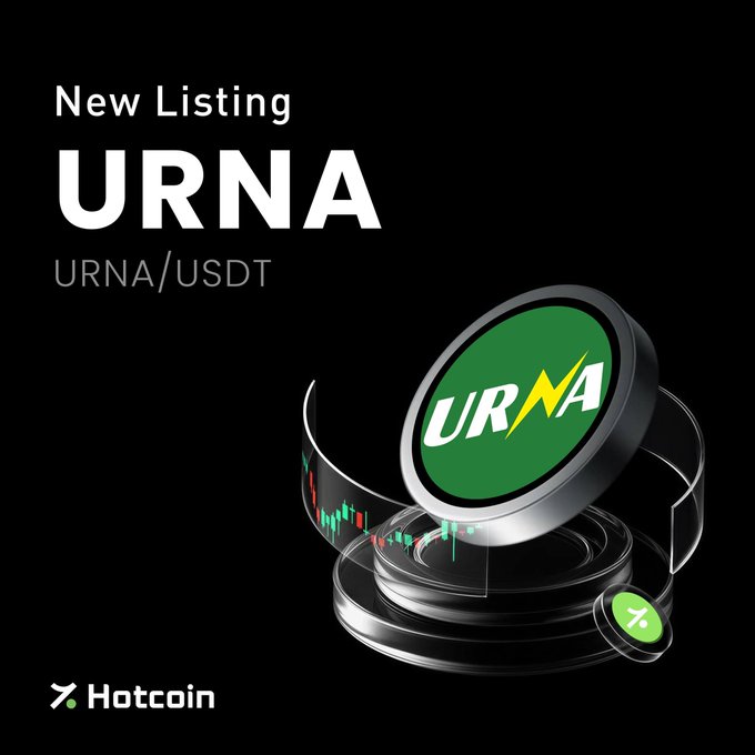 A black promotional graphic announcing a "New Listing" for the URNA/USDT trading pair on the Hotcoin exchange, featuring a 3D green coin logo.