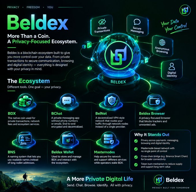 An infographic for 'Beldex' cryptocurrency, labeled 'More Than a Coin. A Privacy-Focused Ecosystem,' detailing components like BDX, BChat, BelNet, Beldex Browser, BNS, Beldex Wallet, and Masternodes.