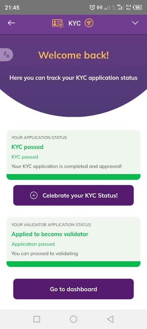 A mobile app screenshot showing a KYC verification status page with green indicators confirming 'KYC passed' and 'Applied to become validator' for a crypto wallet.
