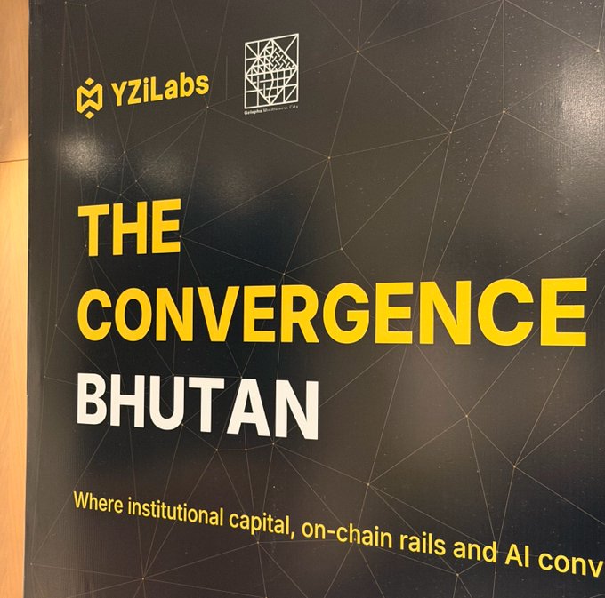 A poster or banner for 'YZiLabs' and 'THE CONVERGENCE BHUTAN,' with the tagline 'Where institutional capital, on-chain rails and AI conv...' cut off at the bottom.