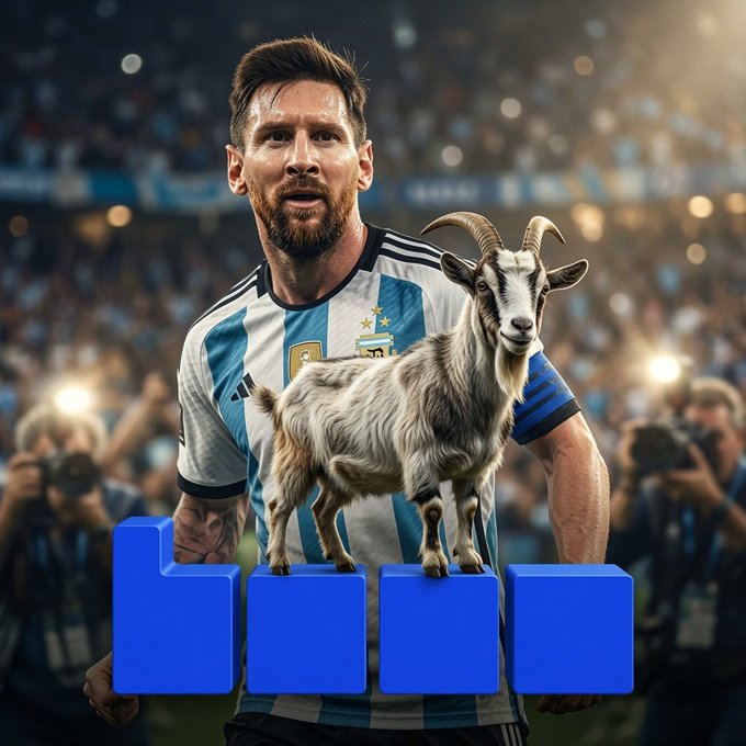 A soccer player resembling Lionel Messi stands on a podium wearing an Argentina national team jersey while holding a goat (symbolizing "GOAT" - Greatest of All Time), with blue blocks at the base resembling a rising bar chart, visually reinforcing the message that Base will rise as great as Messi.