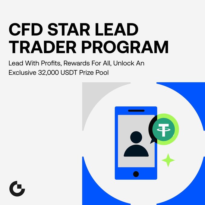 A promotional graphic for the "CFD Star Lead Trader Program" inviting participants to share in an exclusive 32,000 USDT prize pool, featuring an illustration of a smartphone with a user profile and Tether (USDT) symbol.
