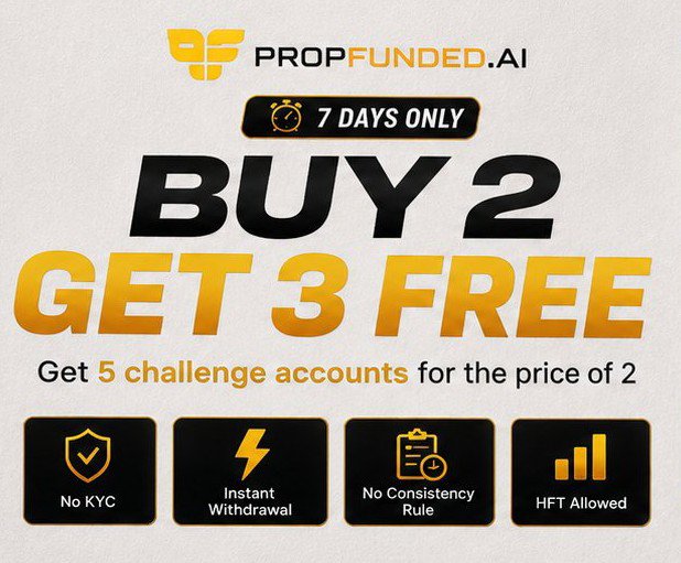 A promotional graphic from PropFunded.ai advertising a "BUY 2 GET 3 FREE" deal, offering 5 challenge accounts for the price of 2 within a 7-day window, with features including No KYC, Instant Withdrawal, No Consistency Rule, and HFT Allowed.

The image appears to be a promotional advertisement unrelated to the post's content about holding onto losing trades, likely shared as an unrelated sponsorship or deal alongside the trading advice.