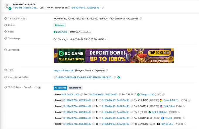 The image shows an Etherscan transaction page for a Tangent Finance deposit action on Optimism (block 26127700, Oct 5, 2026), where 352.2915 USG, $288.38 CRV, $155.73 FXN, $0 BOLD, $0.96 RUSD, and $0.80 PYUSD were transferred from address 0x1461D76a... to 0x536dd4e9C...5e97ce493. This on-chain evidence supports the tweet's claim that part of Tangent's protocol revenue flow is verifiable, though the final destination into sUSG cannot be confirmed.