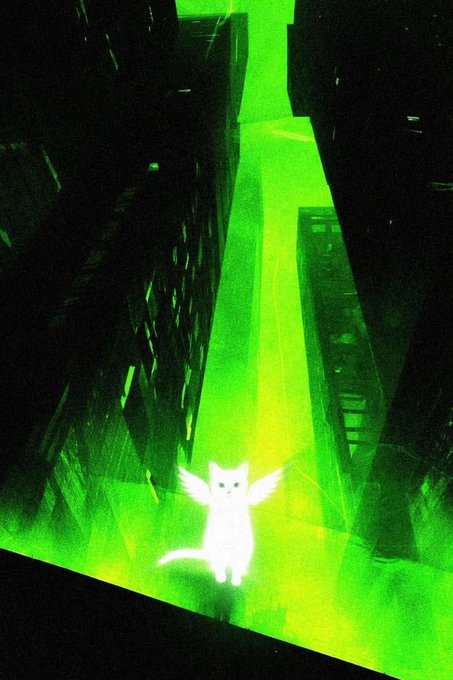 A stylized digital artwork featuring a glowing white cat with wings standing in a narrow city street illuminated in vivid green neon light.