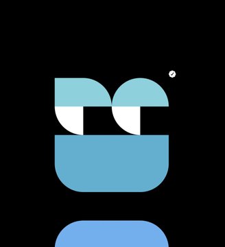 A stylized logo on a black background featuring teal and blue curved shapes that resemble stacked bowls or abstract facial features.