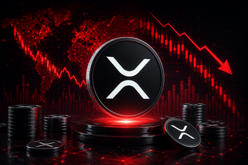 A graphic displaying the XRP cryptocurrency logo over a red background with a world map, a declining line graph, stacks of coins, and the XRP symbol on a coin in the foreground.