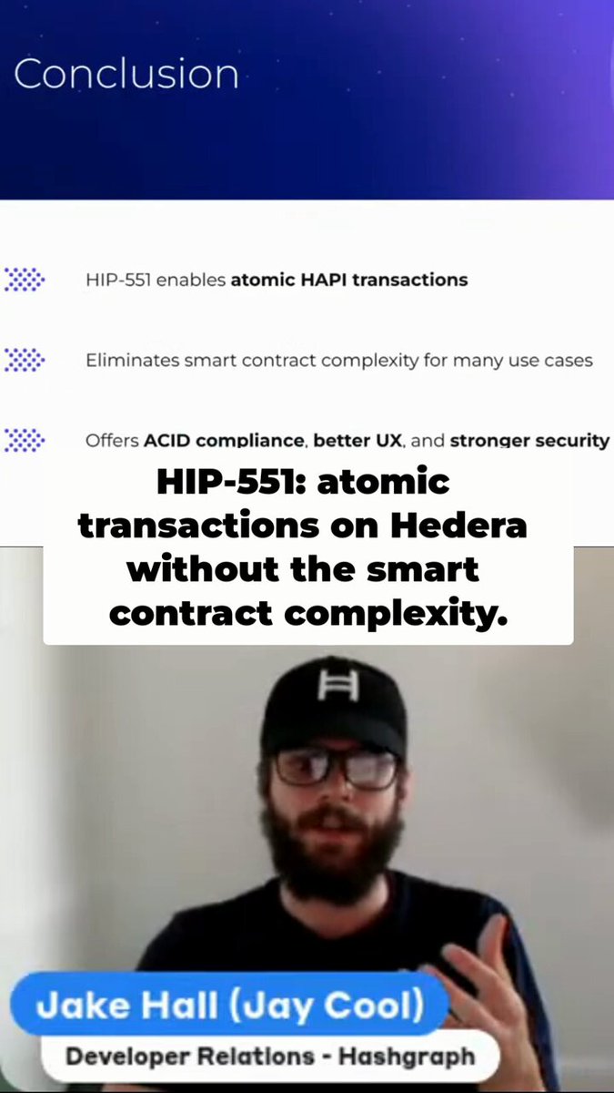 The image features an advertisement for a product called "HIP-551", which is related to atomic transactions on Hedera. The man in the picture, wearing a black hat and glasses, is talking about this product. He is standing against a white background with a gray wall behind him. The text of the post includes information about the product, such as its benefits for users and how it can be used to bundle multiple transactions into a single atomic call.