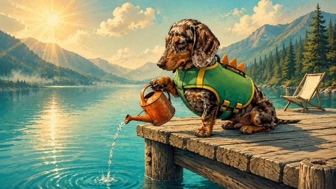 A dachshund wearing a green life vest pours water from a copper watering can into a serene mountain lake from a wooden dock. The image humorously illustrates the "productivity" of adding a tiny amount of water to a vast lake, capturing the lazy, self-aware humor of the $CHILL $SOL meme about doing the bare minimum.