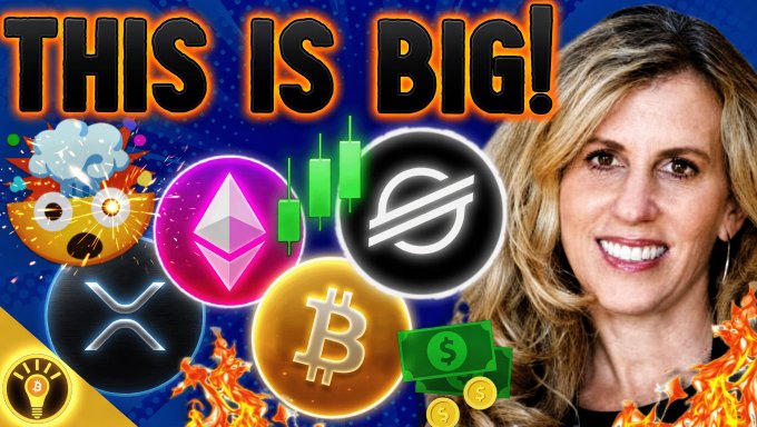 The image features a woman with blonde hair, wearing a black top, smiling at the camera while standing next to a blue banner that says "This is big!". The banner also includes various cryptocurrency symbols such as Bitcoin, Etherium, and Ripple. The text on the banner suggests that there might be an upcoming event or promotion related to cryptocurrency adoption in banks.