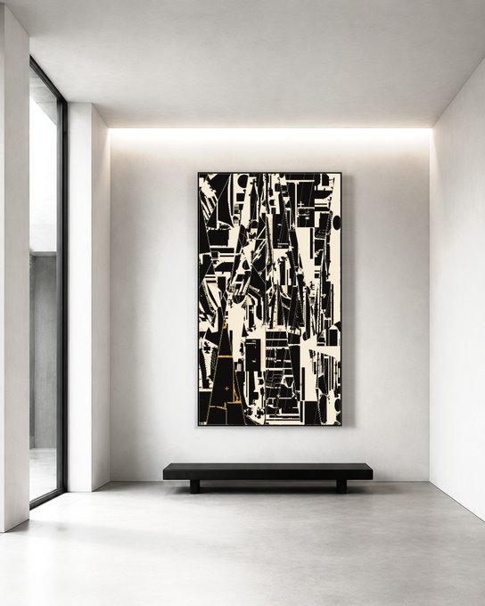 A large abstract black-and-white artwork with hints of yellow hangs in a minimalist white gallery space above a sleek black bench, illuminated by soft overhead lighting.

The image showcases the "OVEREXPOSURE" artwork by @verse_works, highlighting its stark monochromatic composition and subtle yellow accents as the final 702/1000 collectible drop approaches in 9 days at $21.90.