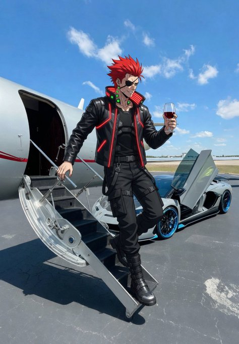 A confident anime-style character with red spiky hair, an eyepatch, and a black leather jacket descends the stairs of a private jet while holding a glass of wine, next to a sleek sports car. The image visually echoes the post's "VIP" trading badge theme, projecting a luxurious, exclusive lifestyle befitting elite users of the @useTria neobank platform.