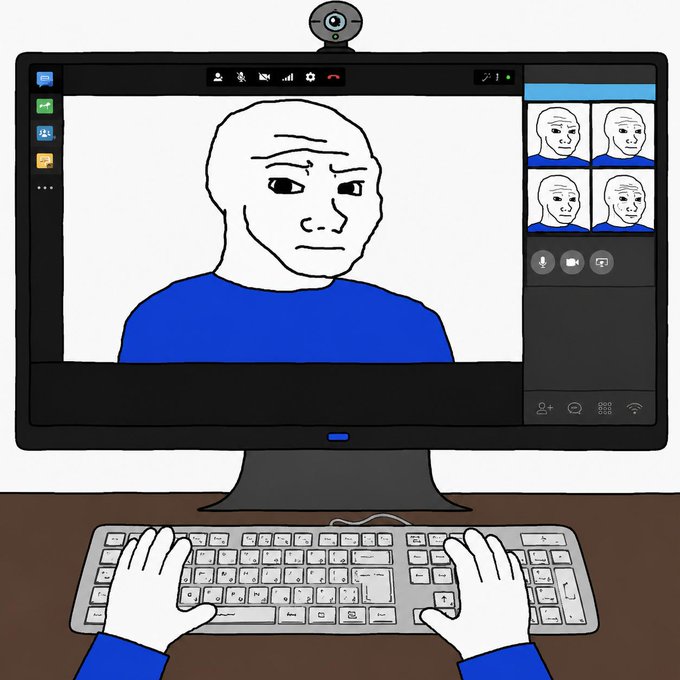 A person on a video call appears bored while their hands rest on a keyboard, ironically connected to a desktop computer rather than the iPhone mentioned in the caption. The screen shows the classic Wojak meme face with a skeptical expression, perfectly matching the caption's theme of pretending to be in a meeting while distracted by ETH bidding, Odyssey piracy, and Linkin Park.