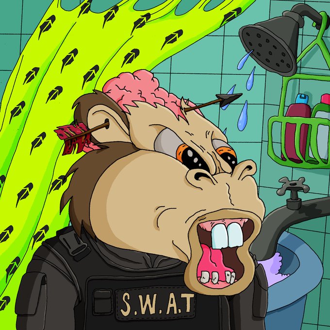 A cartoon illustration of a gorilla wearing a 'S.W.A.T' vest, with arrows stuck in its head and pink brain matter visible, standing in a bathroom with a green shower curtain patterned with logos.
